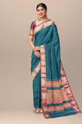 Teal Blue Handwoven Mulberry Sausar Silk With Rui Buti And Zari Border Saree SKU-BS10162