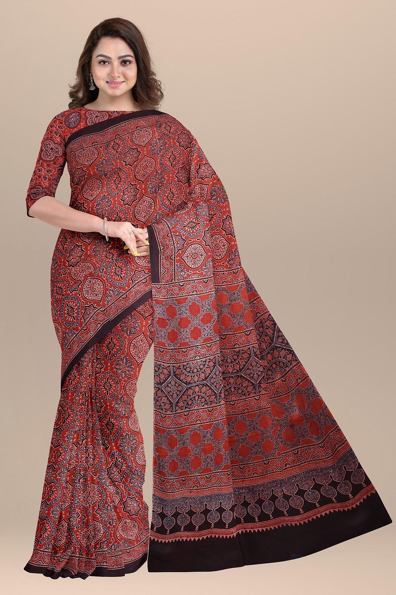 Black Ajrakh Hand Block Printed Cotton Saree with Floral and Geometrical Print   SKU-BS10078