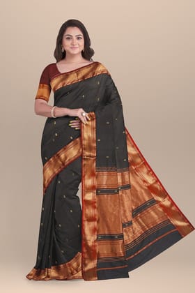 Black Handwoven Mulberry Sausar Silk With Rui Buti And Zari Border Saree SKU-BS10151