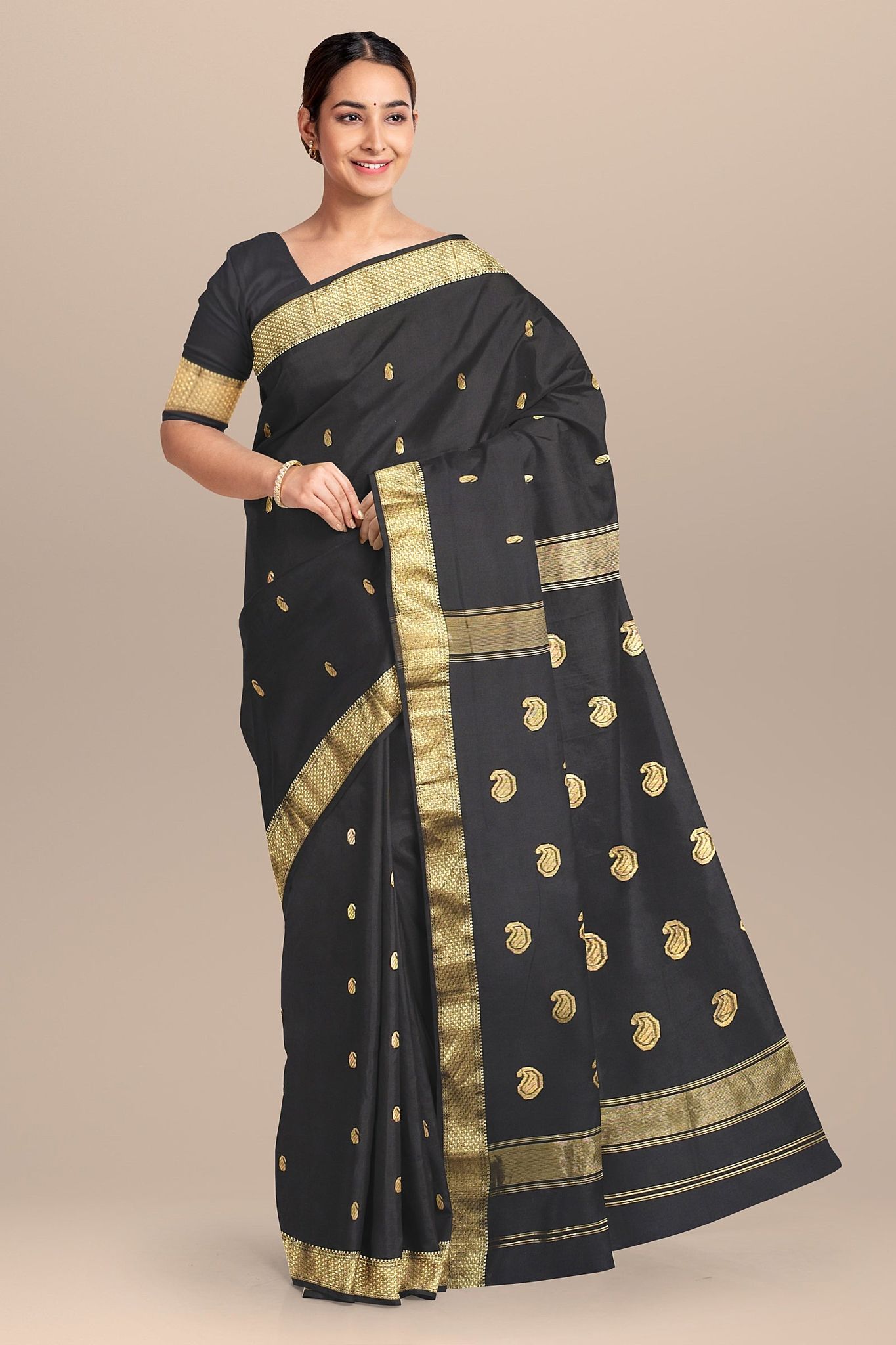 Black Handwoven Sausar Silk with Zari Border and Carry Buta  Saree SKU-BS10092