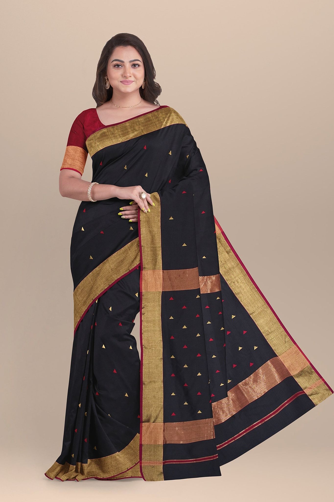 Black Triangle Buti Handwoven Sausar Silk with Triangle Buti Border Saree SKU- BS10003