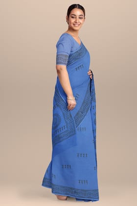 Blue Warli Motif Hand Block Print Malmal Cotton Saree SKU-AS10066