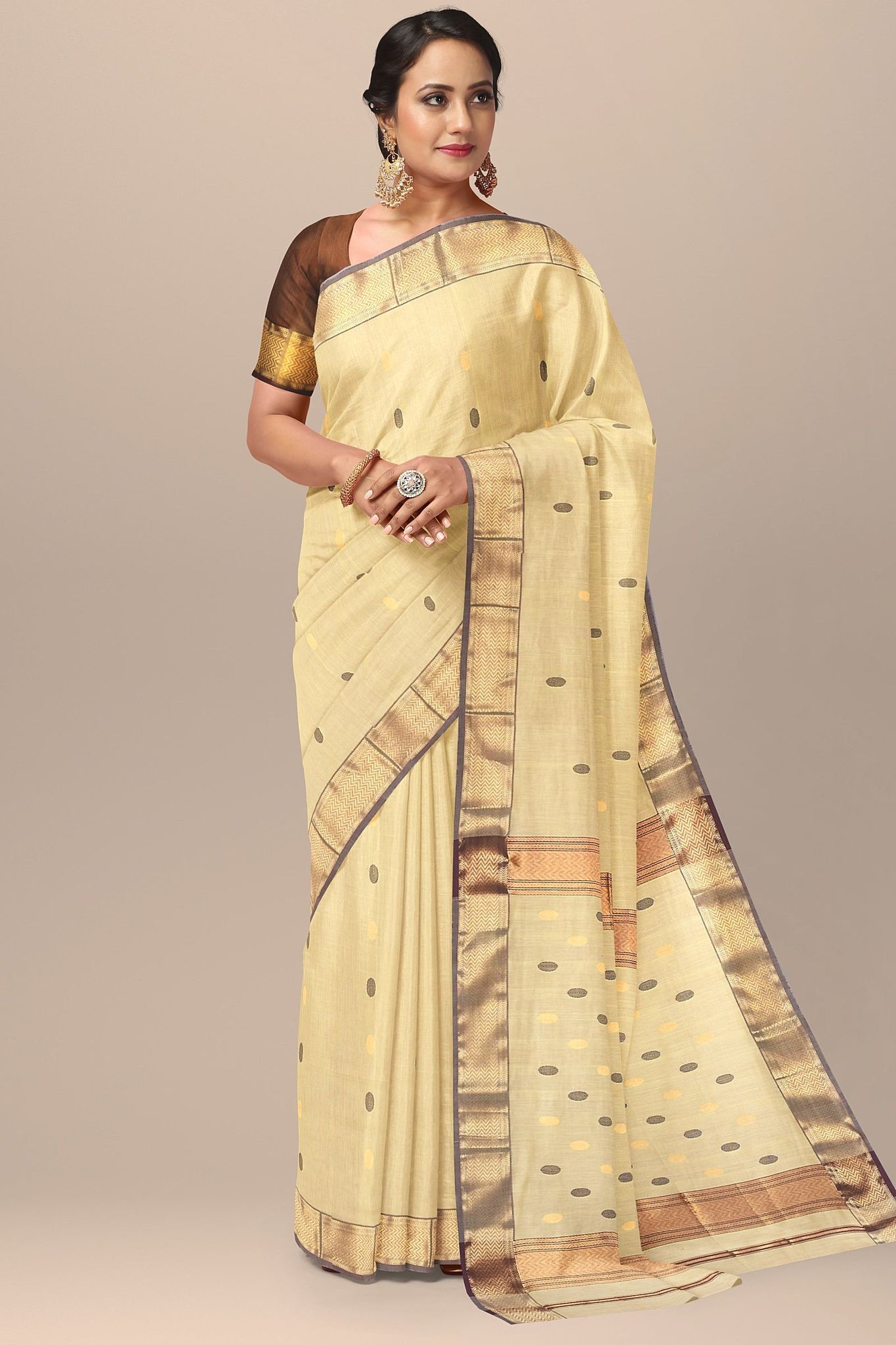 Canary Yellow Rudraksh Buti Handwoven Sausar Saree Silk with Zari Border  SKU-BS10107