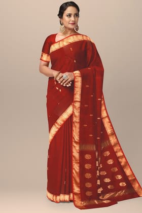 Carmine Red Handwoven Sausar Silk With Zari Border and Floral Buta Pallu Saree SKU- BS10067