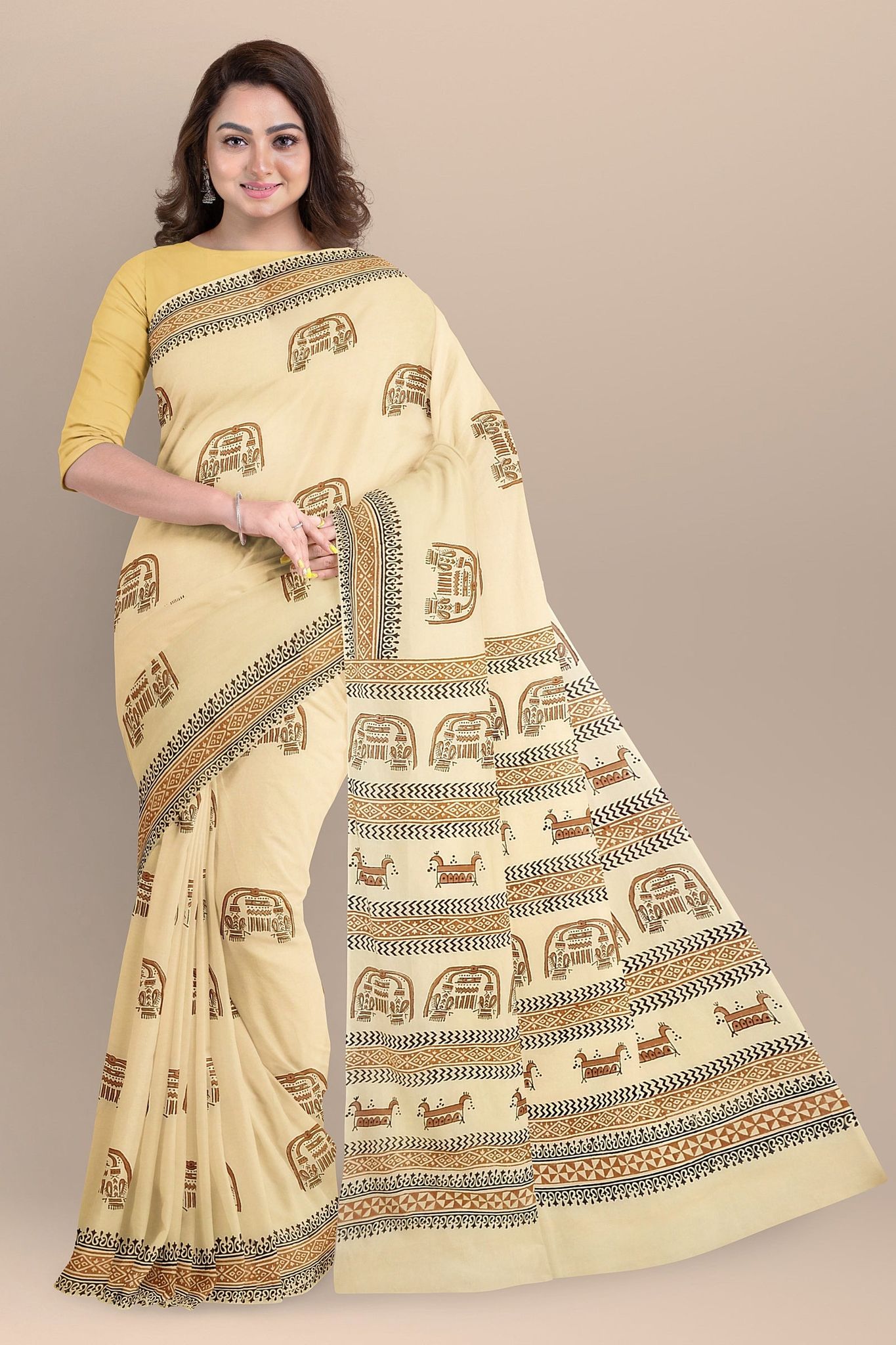 Cream Color Tribal Motif Hand Block Print Malmal Cotton Saree SKU-AS10015