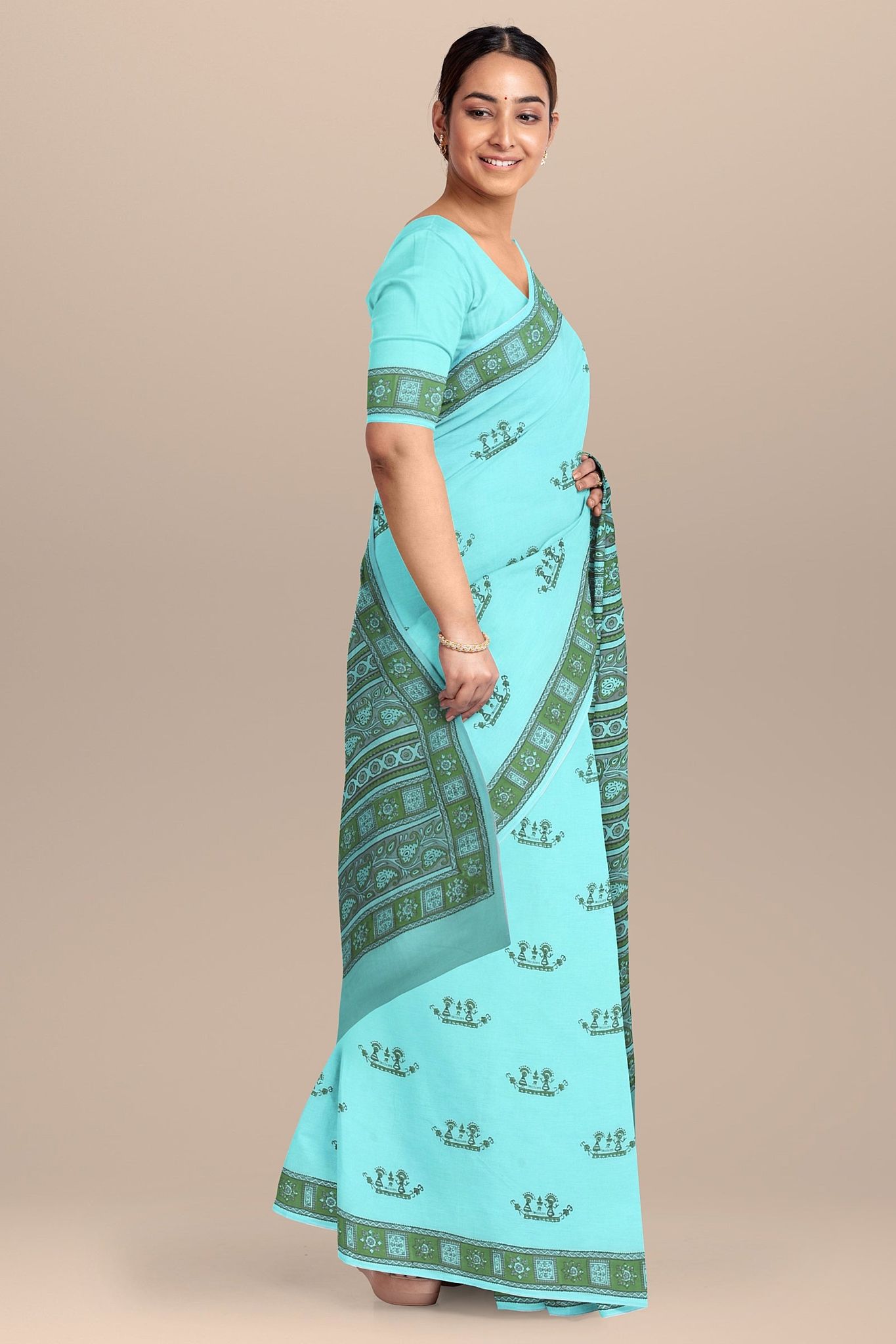 Mint Green Tribal Motif Hand Block Print Malmal Cotton Saree SKU-AS10029