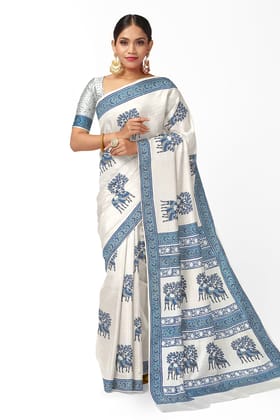 White Deer Motif Hand Block Print Color Malmal Cotton Saree SKU-AS10008