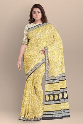 Corn Yellow Floral Motif Chippa Hand Block Print Malmal Cotton Saree SKU-AS10077