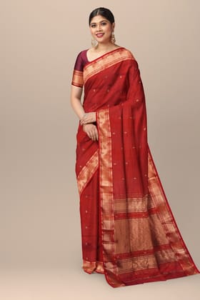 Crimson Red Handwoven Mulberry Sausar Silk With Rui Buti And Zari Border Saree SKU-BS10148