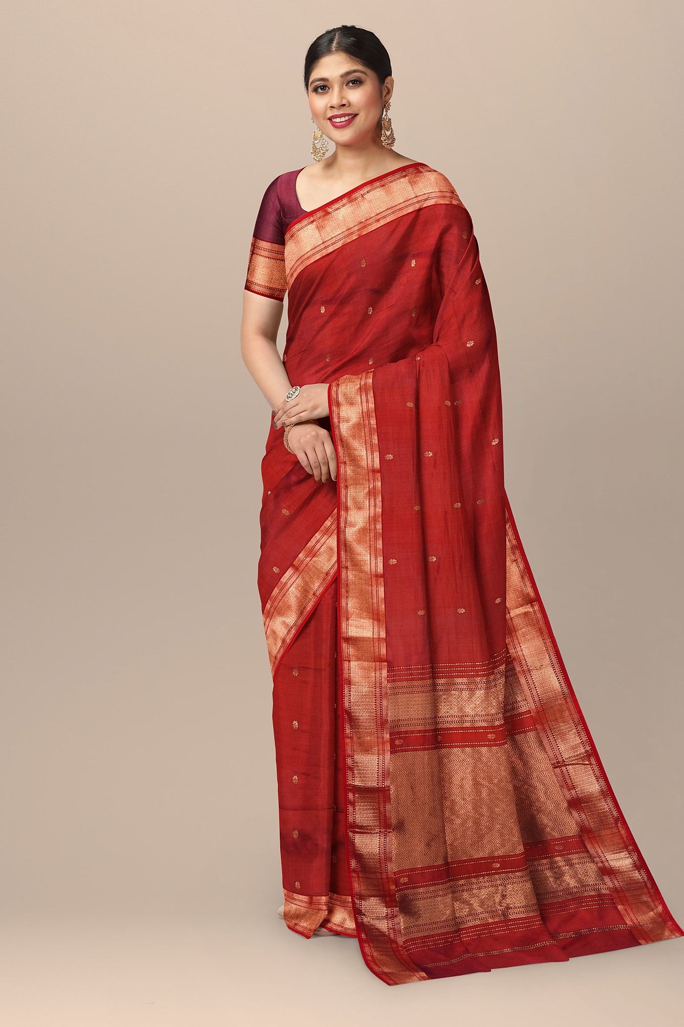 Crimson Red Handwoven Mulberry Sausar Silk With Rui Buti And Zari Border Saree SKU-BS10148