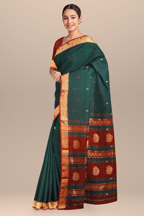 Dark Green Buta Buti Handwoven Sausar Silk with Zari Border Saree SKU- BS10014