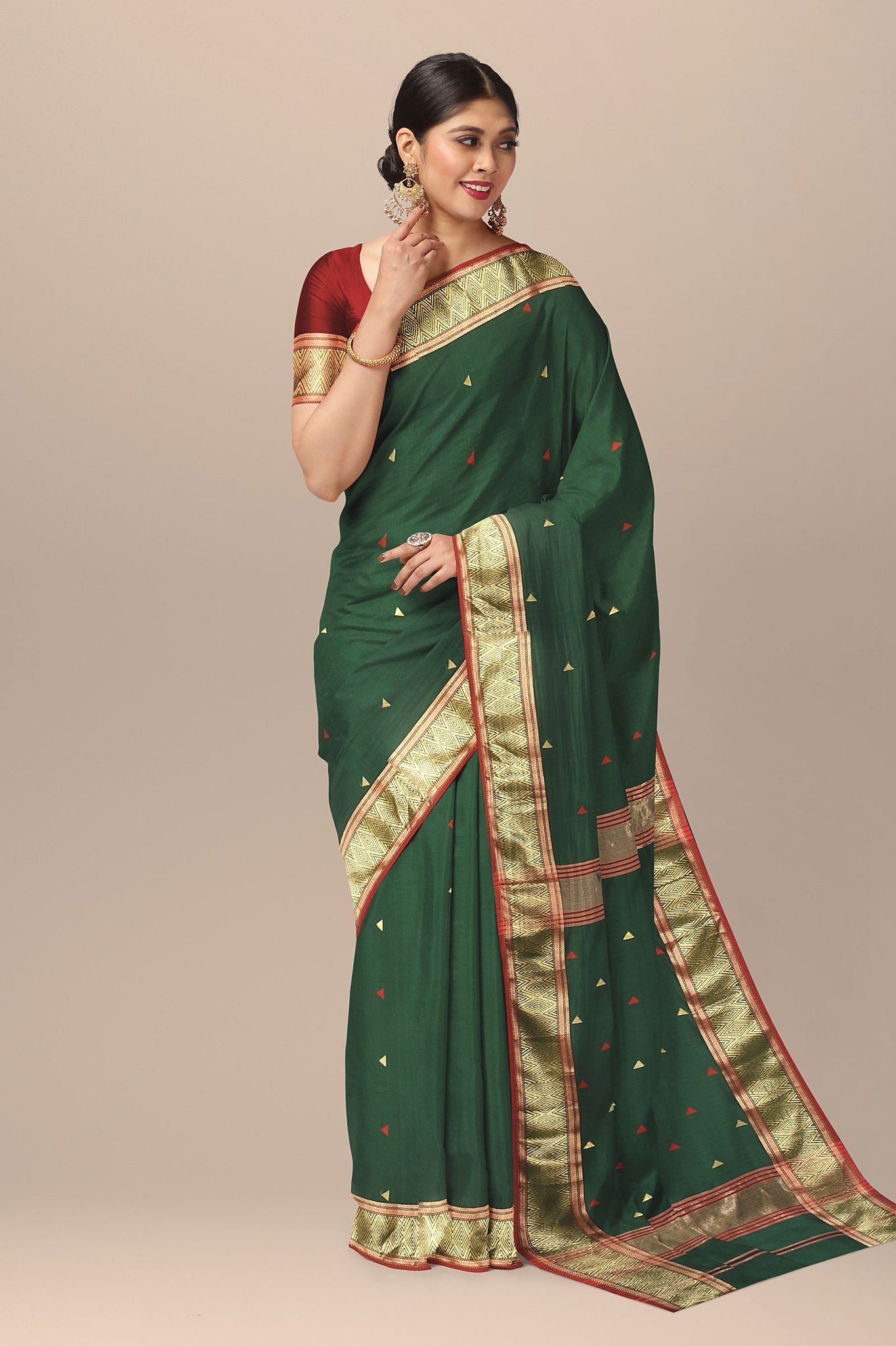 Dark Green Triangle Buti Handwoven Sausar Silk with Zari Border Saree Saree SKU-BS10098