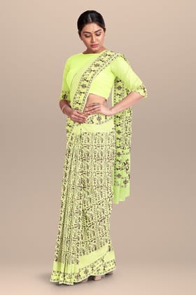 Light Green Warli Motif Chhipa Hand Block Print Malmal Cotton Saree SKU-AS10067