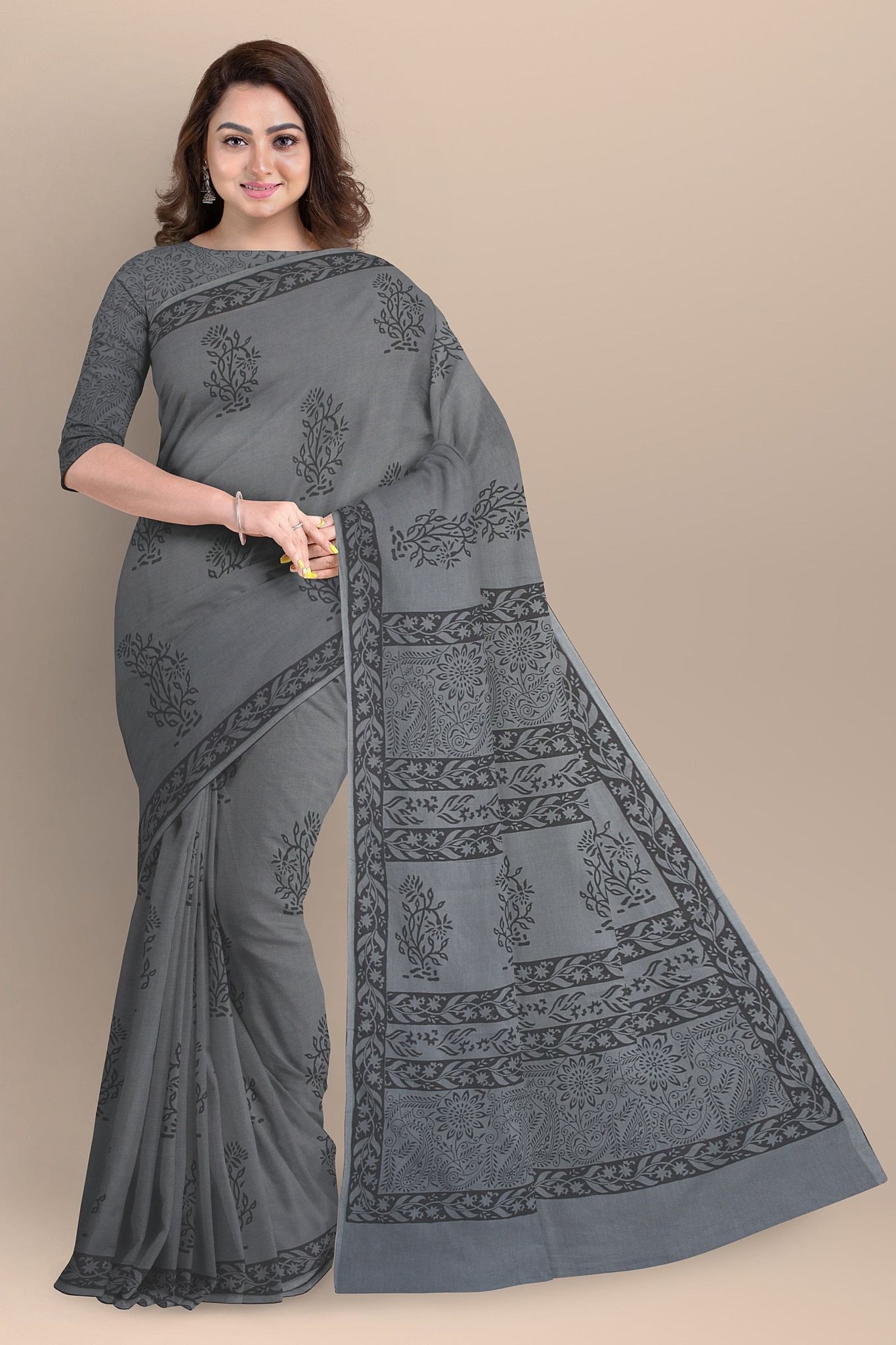 Grey Floral Pattern Hand Block Print Malmal Cotton Saree SKU-AS10070