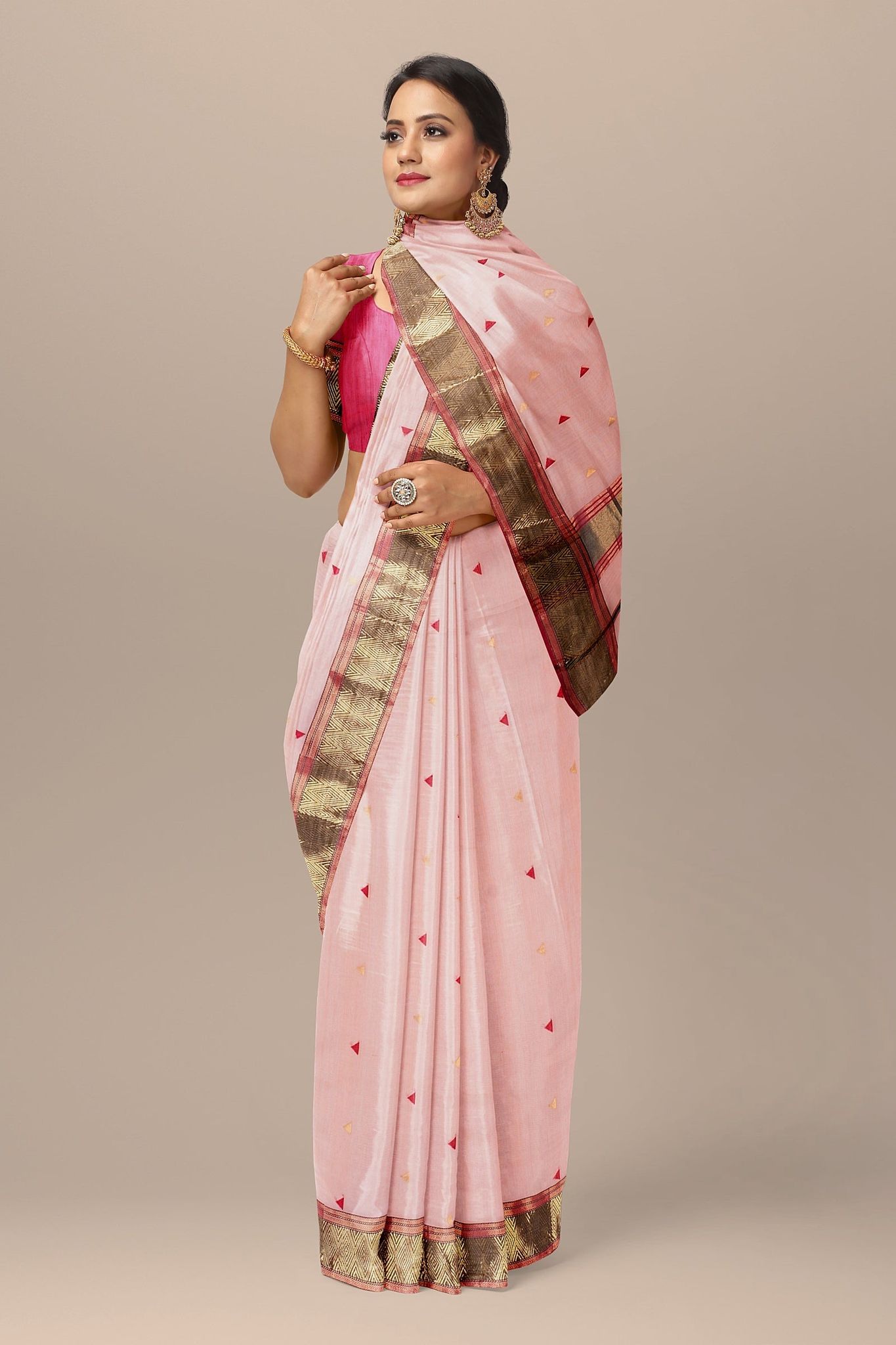 Base Cream Triangle Buti Handwoven Sausar Silk Saree with Triangle Buti Border SKU- BS10011