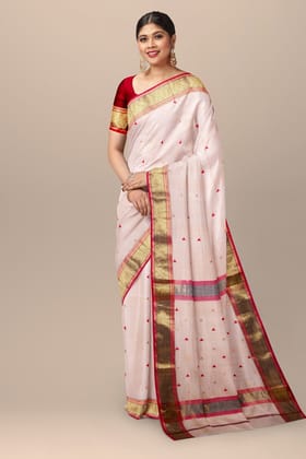 Beige Buti Handwoven Sausar Silk Saree with Triangle Buti Border SKU- BS10010