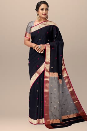 Black Diya Buti Handwoven Sausar Silk with Zari Border Saree SKU-BS10055