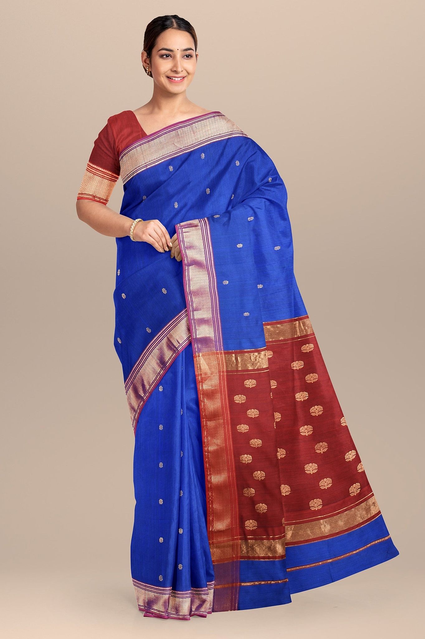 Royal  Blue Buti Handwoven Sausar Silk with Zari Border and Buta Palla Saree SKU- BS10120