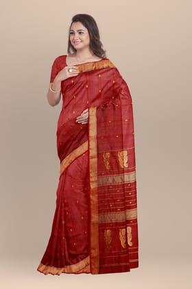 Carmine Red Handwoven Sausar Silk With Traditional Buti And Zari Border and Floral Buta Pallu Saree SKU- BS10033