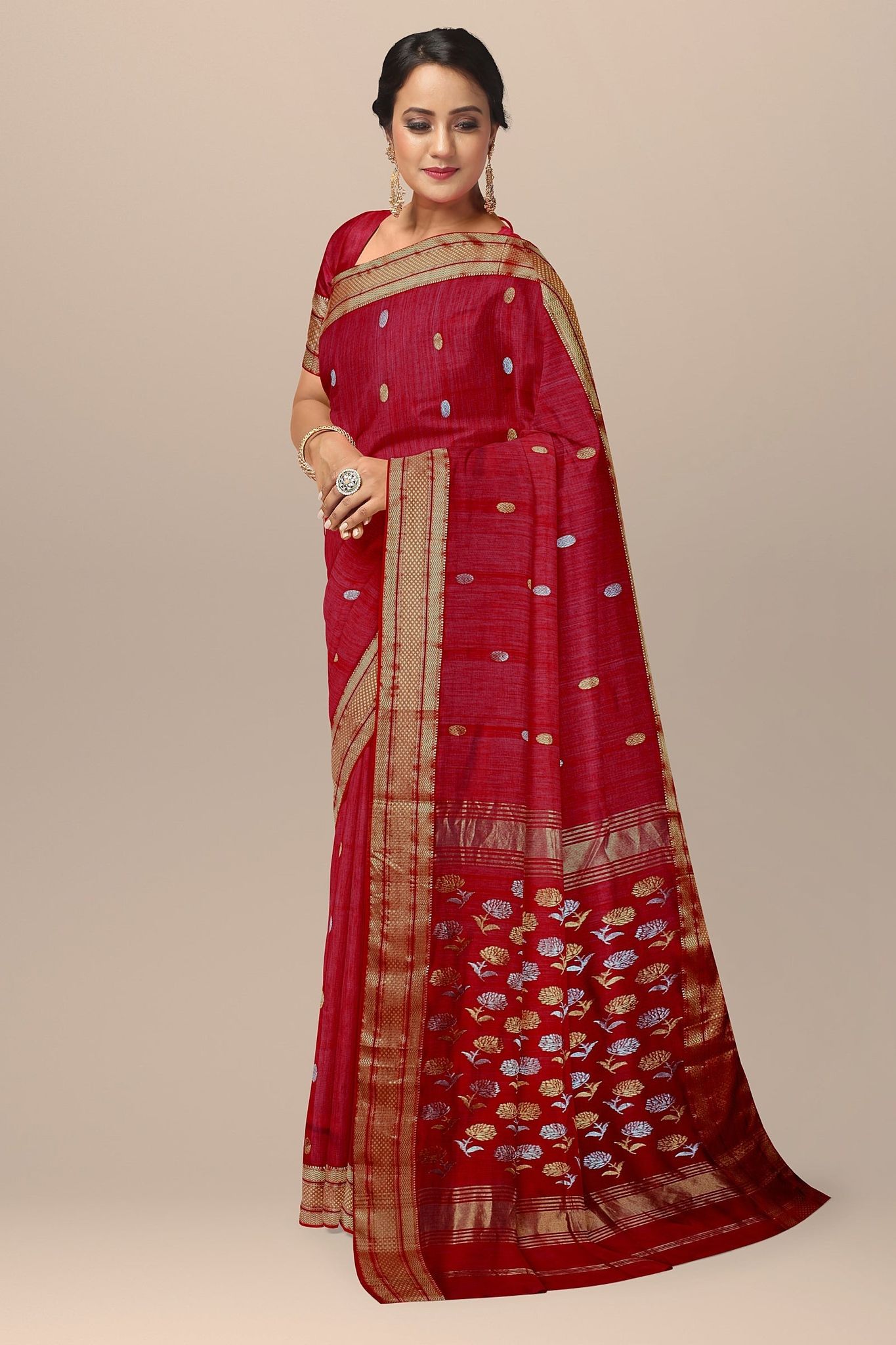 Chill Red Buti Sausar Silk with Floral Buta Zari Border Saree SKU-BS10029