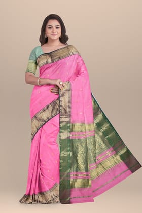 Dark Pink Buta Buti Motif Handwoven Sausar Silk with Green Zari Border Saree SKU- BS10019