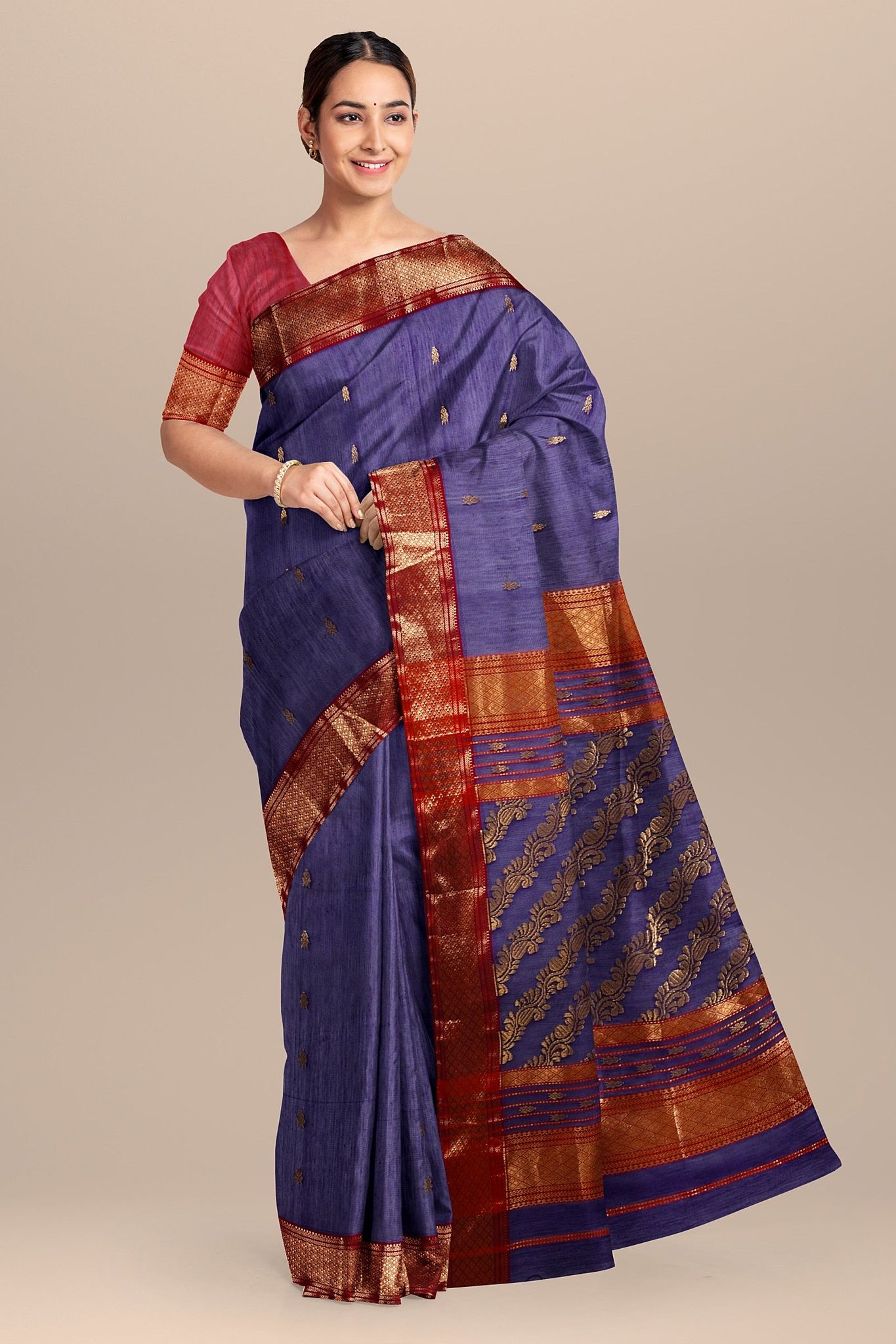 Dark Purple Buti Handwoven Sausar Silk with Zari Border Saree SKU- BS10026