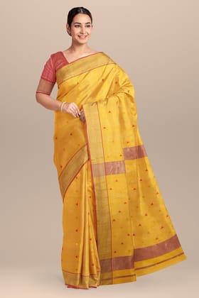 Golden Yellow Buti Handwoven Maheshwari  Silk with Zari Border Saree SKU- BS10006