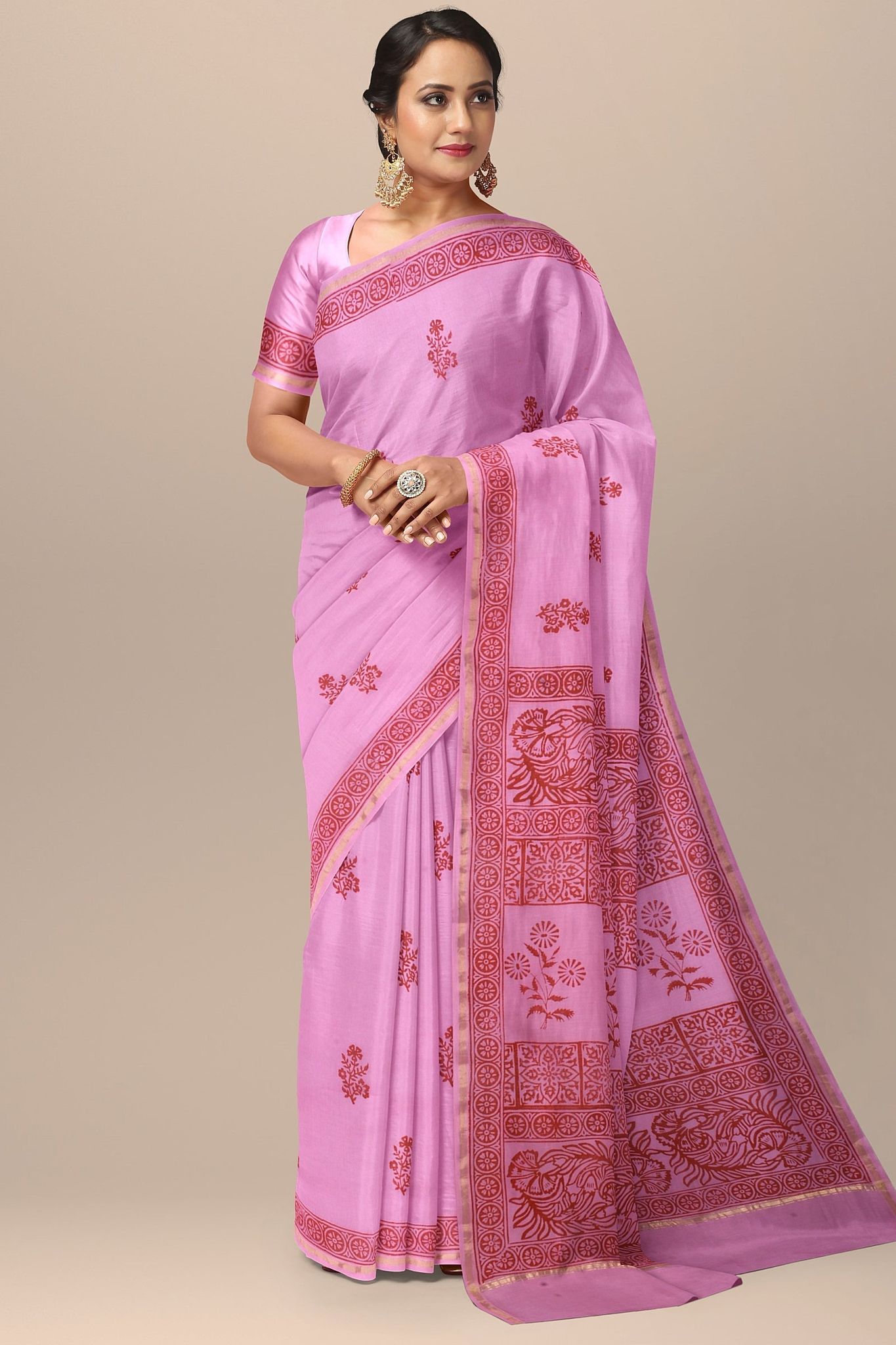 Baby Pink Floral Pattern Handwoven Hand Block Print Sausar Silk Saree SKU-AS10039