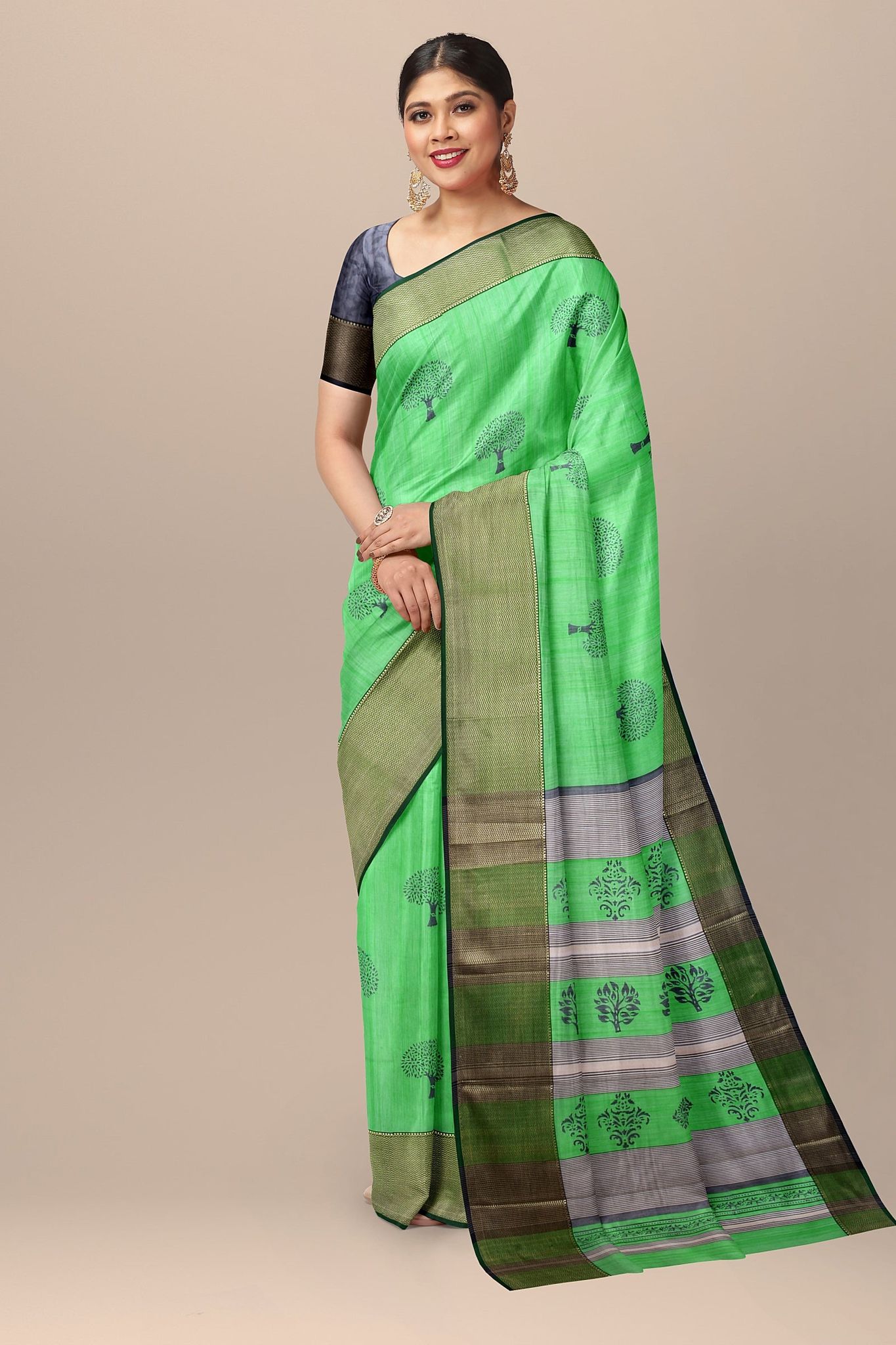 Fern Green Tree Motif Handwoven Hand Block Print Sausar Silk Saree With Kel Border Saree SKU-AS10017