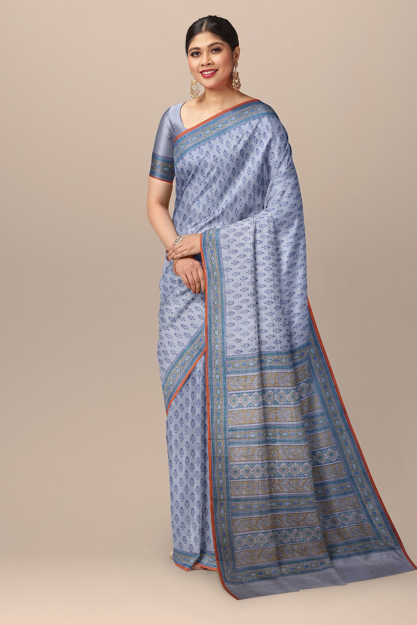 Grey With Dark Blue Floral Motif Handwoven Hand Block Print Sausar Silk Saree SKU-AS10037