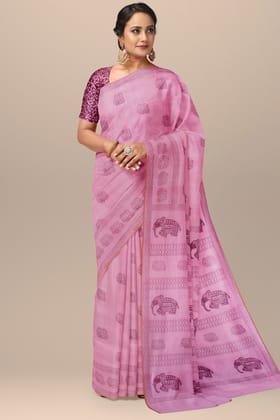 Pink Elephant Motif Handwoven Hand Block Print Sausar Silk Saree SKU-AS10011