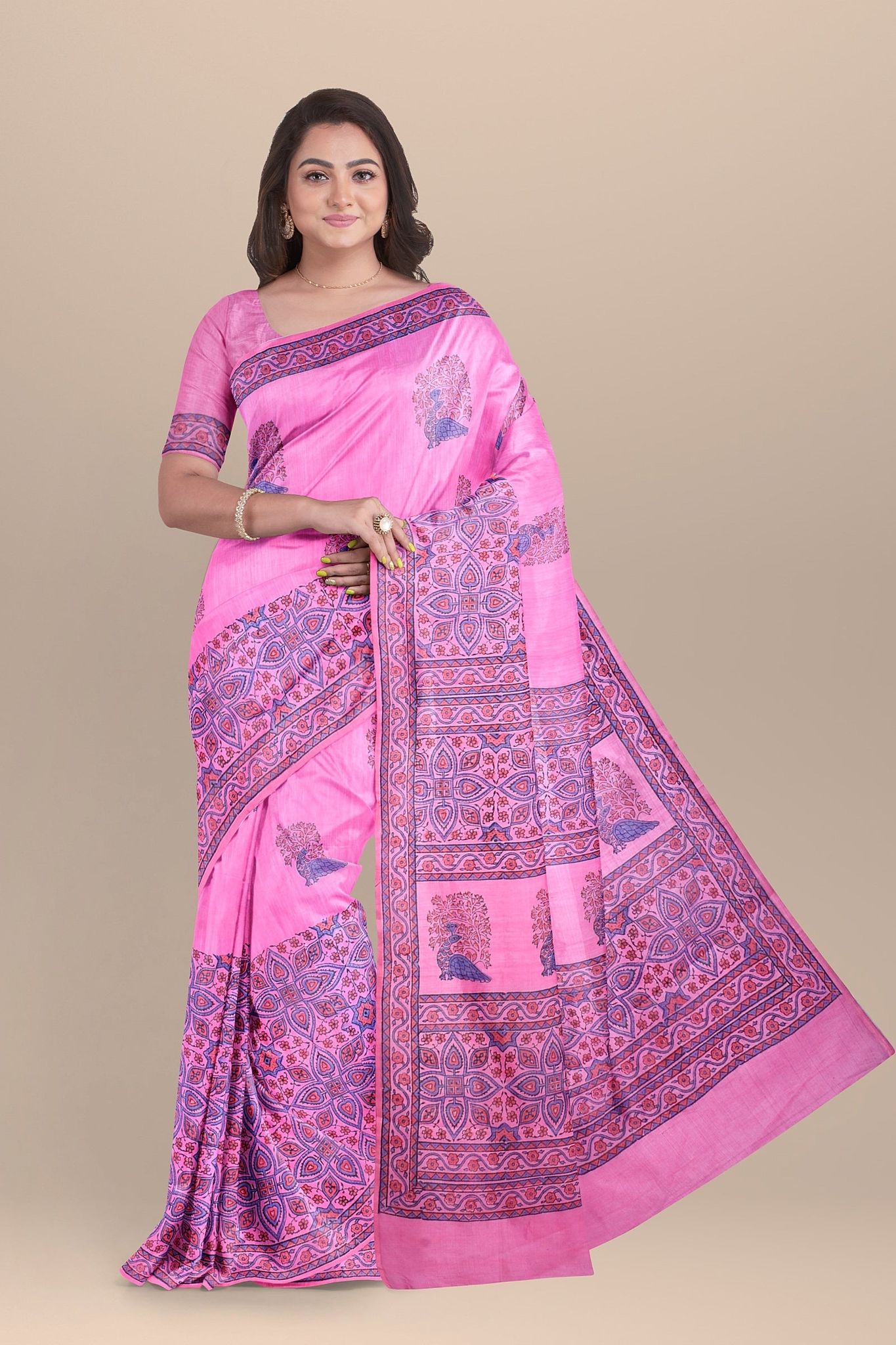 Pink Bird Motif Handwoven Hand Block Print Sausar Silk Saree SKU-AS10035