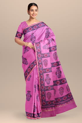 Pink Floral Pattern Handwoven Hand Block Print Sausar Silk Saree SKU-AS10040