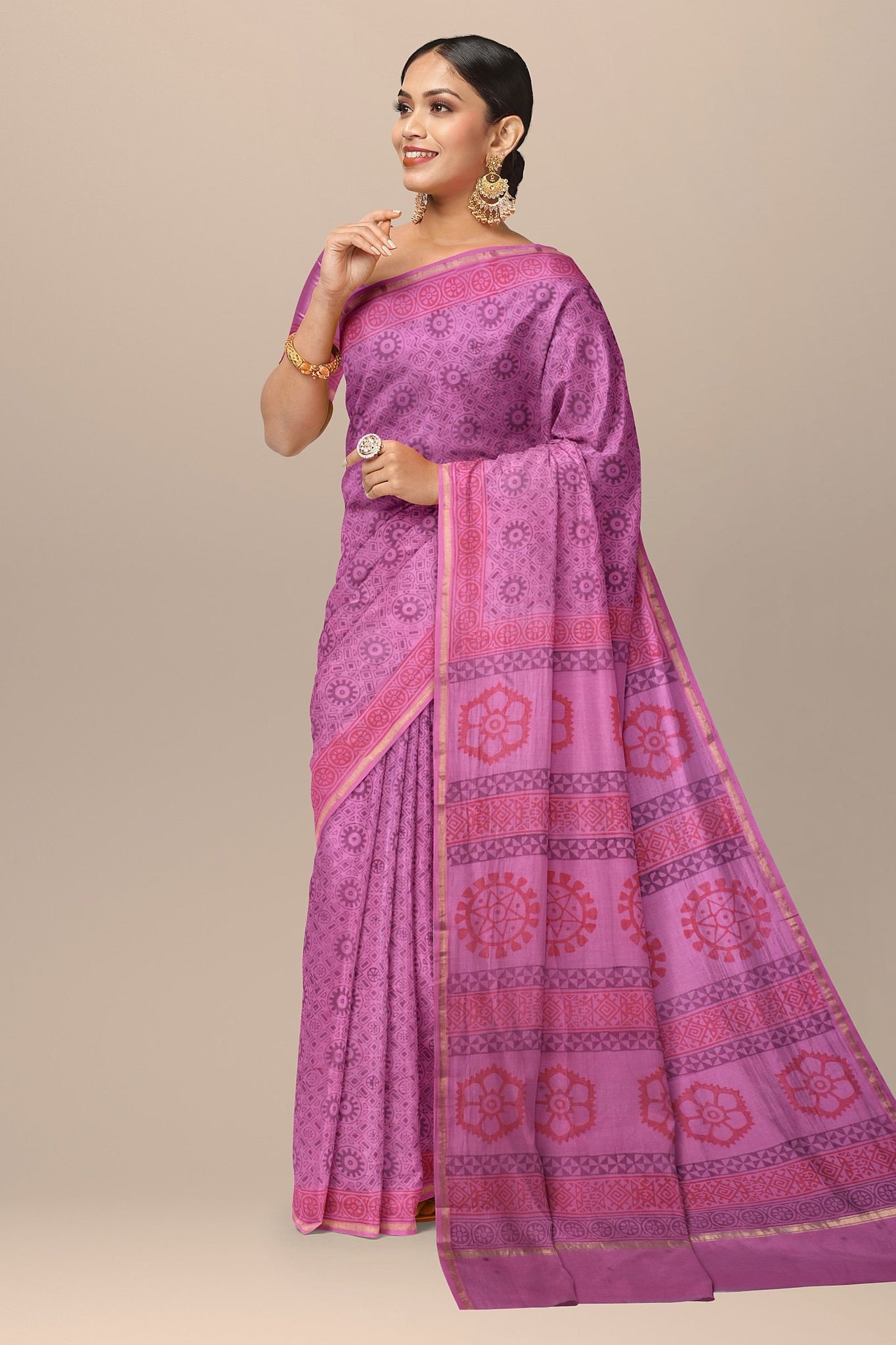 Pink Geometrical Pattern Handwoven Hand Block Print Sausar Silk Saree SKU-AS10038