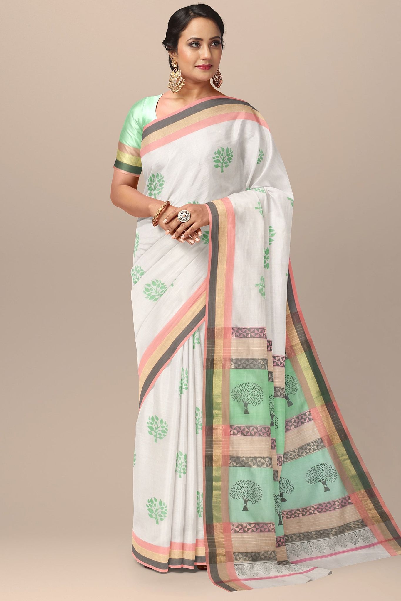 White Tree Motif Hand Woven Hand Block Sausar Silk Saree SKU-AS10030