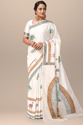 White Tree Painting Handwoven Hand Painted Sausar Silk Saree SKU-AS10036