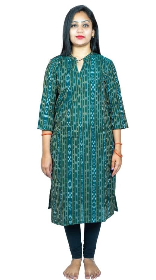 Women's Sambalpuri Certified Handloom Pure Cotton Straight Kurti (Green, S)-PID42740