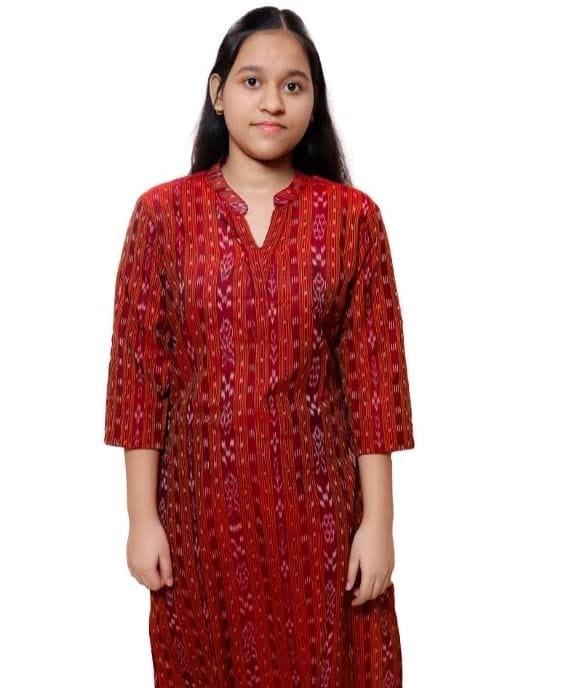 Women's Sambalpuri Certified Handloom Cotton Straight Kurti (Maroon, S)-PID42752