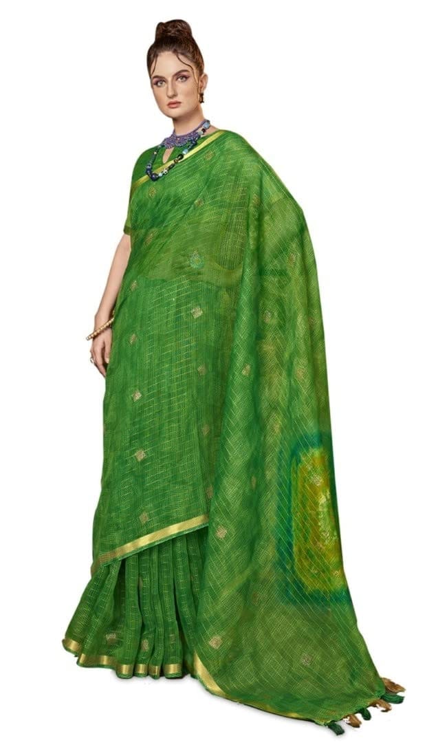 Women's Cotton Printed Saree With Blouse (Green, 5-6 Mtrs)-PID43259