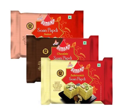 Bambino Soan Papdi Combo Pack of 3 Badam I Buttersctoch I Chocolate Each 200 Gms