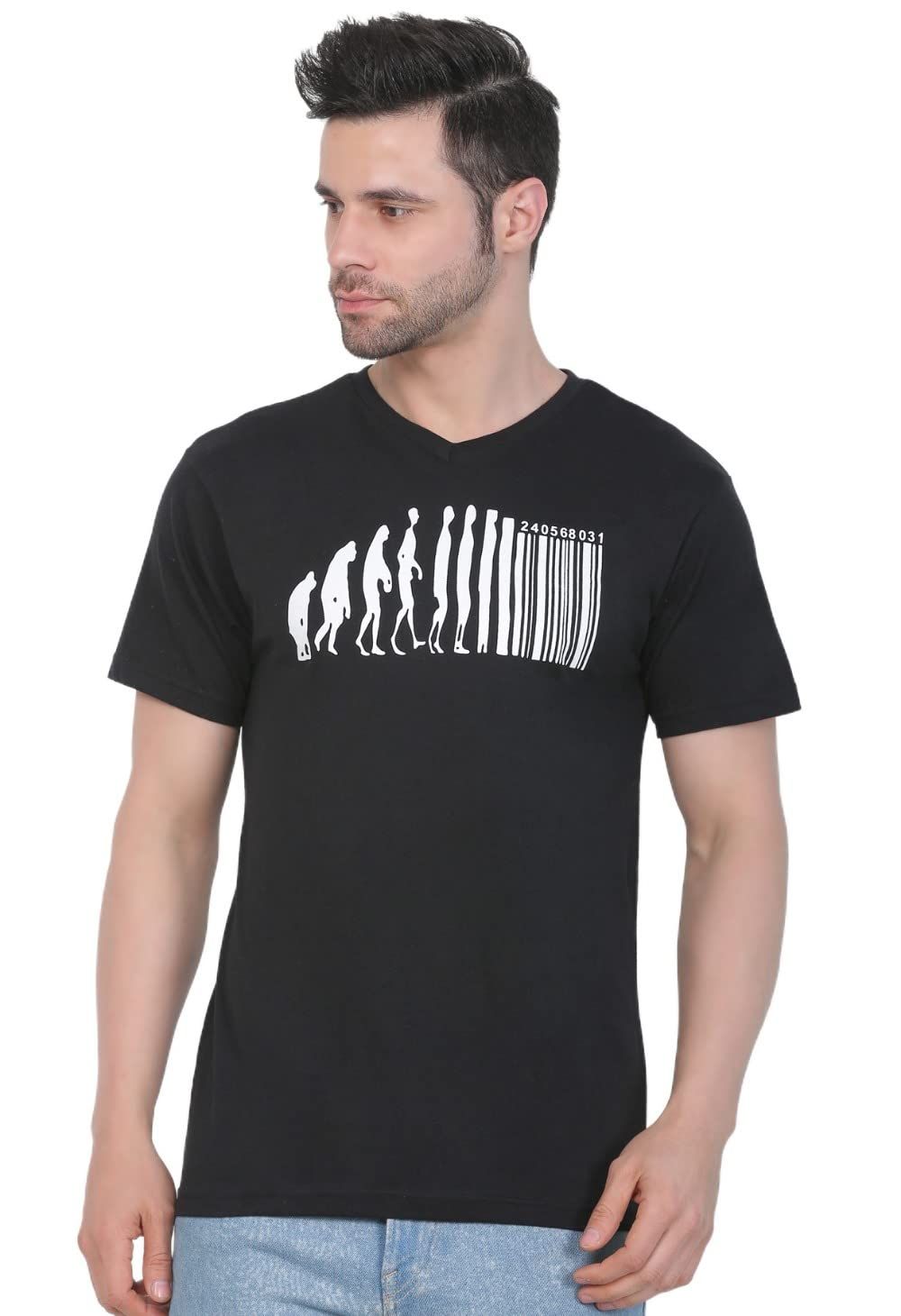 Men's Cotton Jersey V Neck Printed Tshirt (Black, Size: M)-PID43029