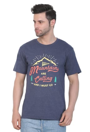 Men's Cotton Jersey Round Neck Printed Tshirt (Blue Melange, Size: XL)-PID43015