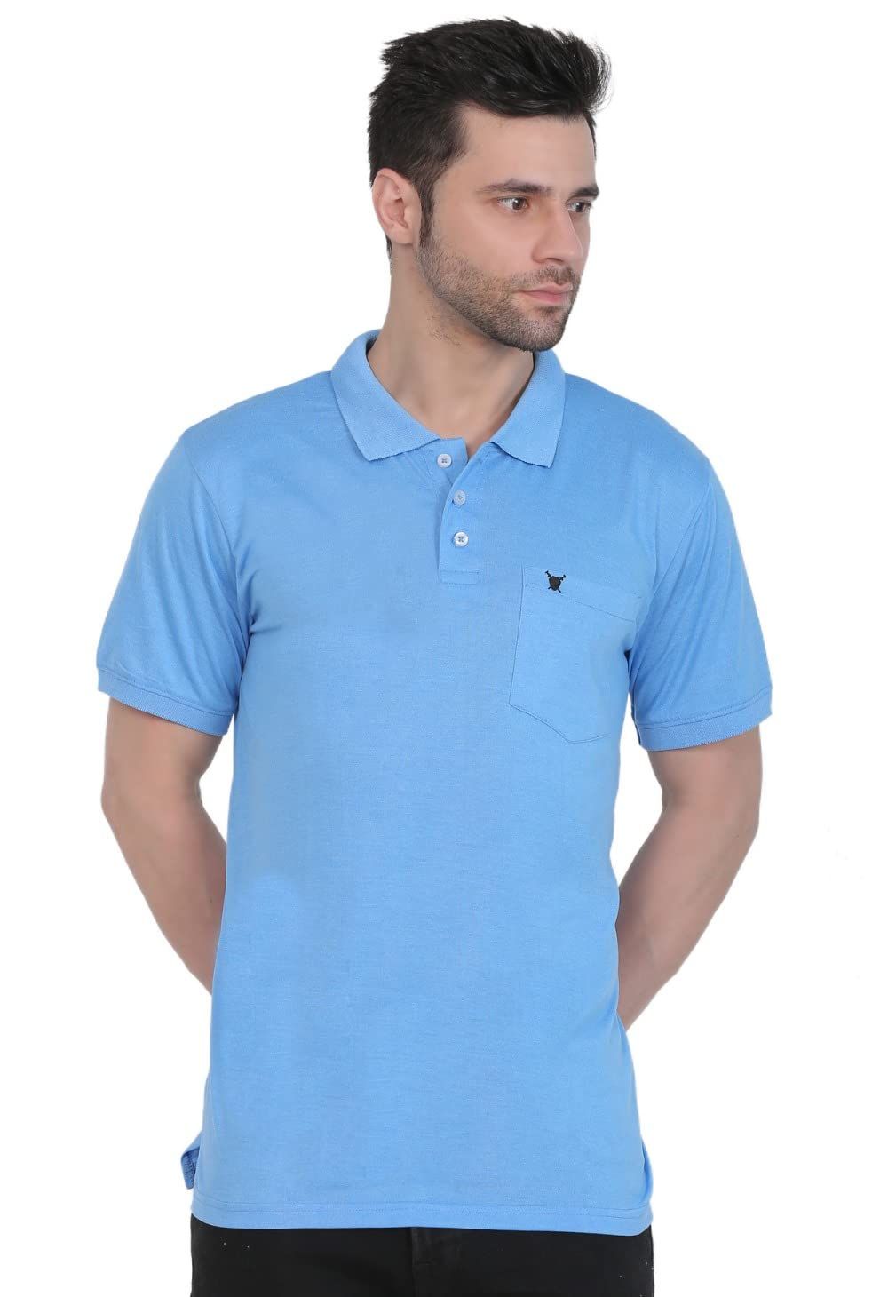 Men's Poly Viscose Polo Plain Tshirt (Blue Melange, Size: XL)-PID43039