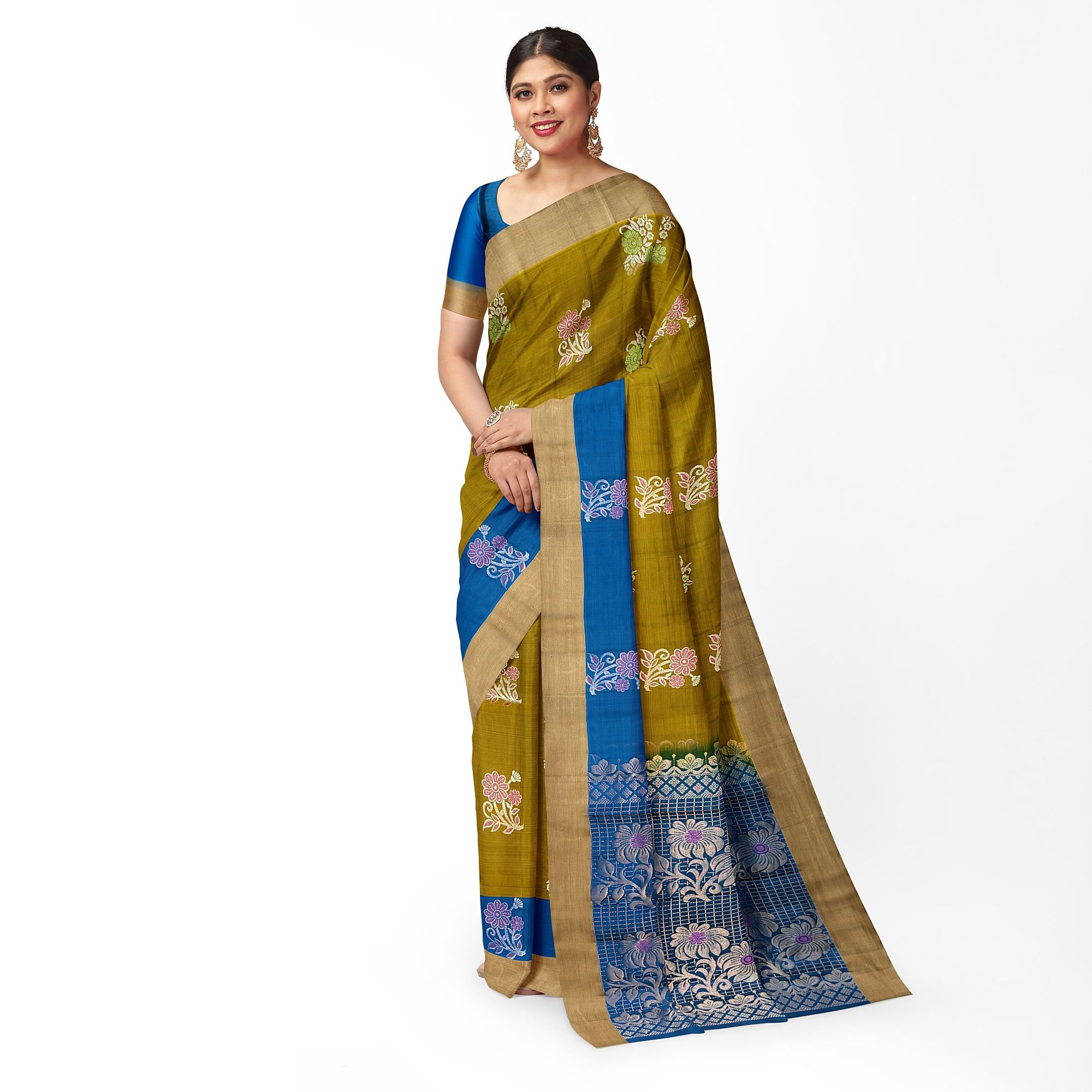 Olive Color Big Floral Design Kanjivaram Pure Silk Saree