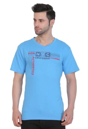 Men's Cotton Jersey V Neck Printed Tshirt (Turquoise Blue, Size: M)-PID43034