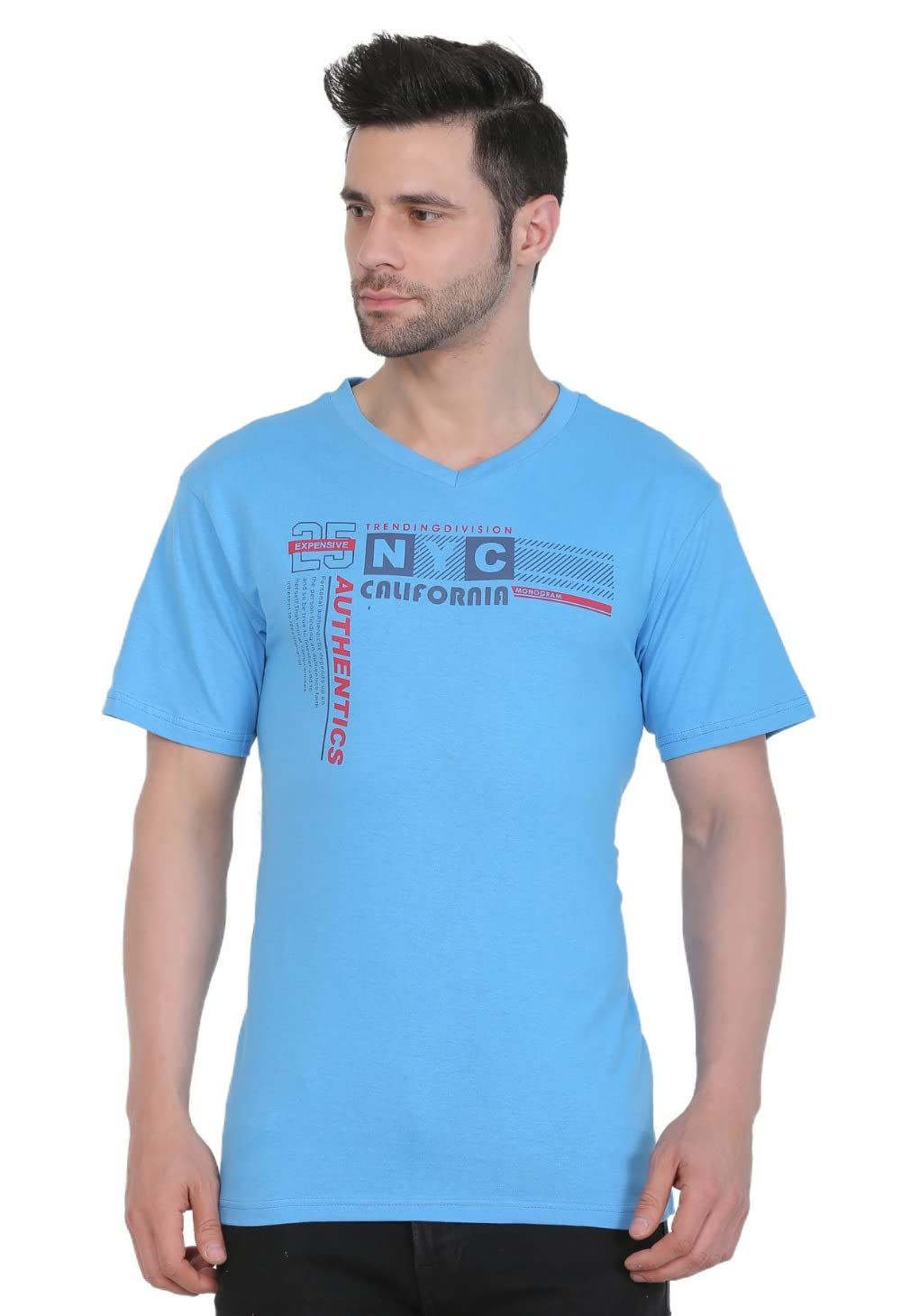 Men's Cotton Jersey V Neck Printed Tshirt (Turquoise Blue, Size: M)-PID43034