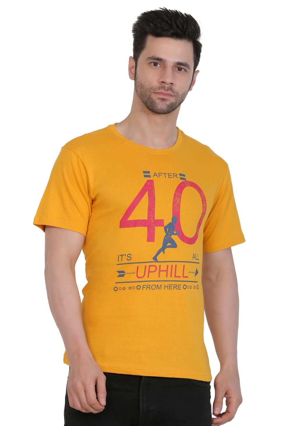 Men's Cotton Jersey Round Neck Printed Tshirt (Mustard Yellow, Size: M)-PID43017