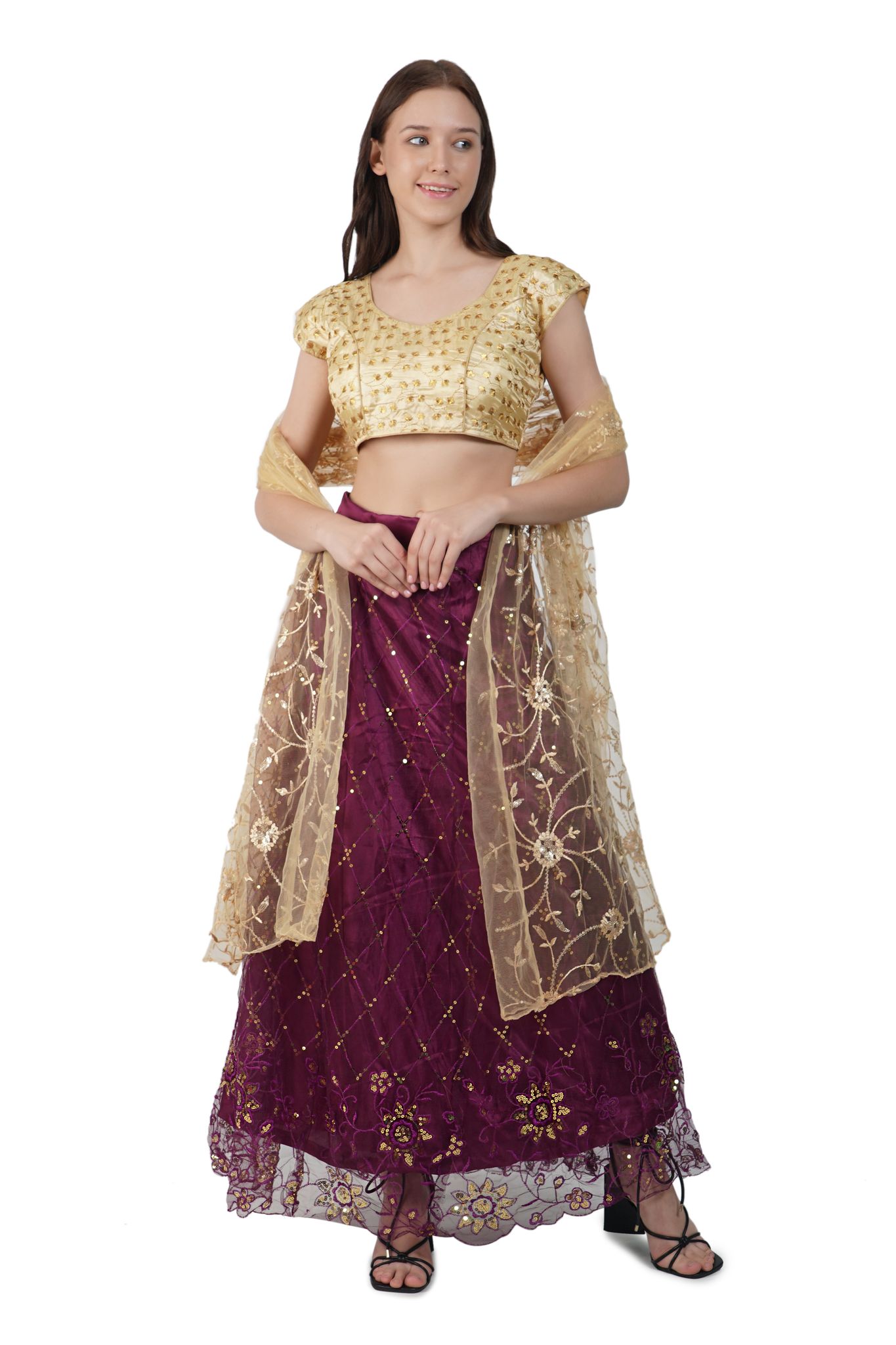 JACOBIN CUCKOO MATERNITY GARMENTS Purple Gold  Lehnga Choli with dupatta - Free Size