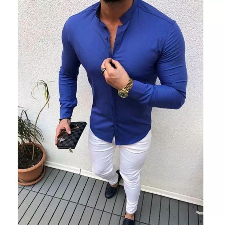 Men's Royal Blue Mandarin Shirt