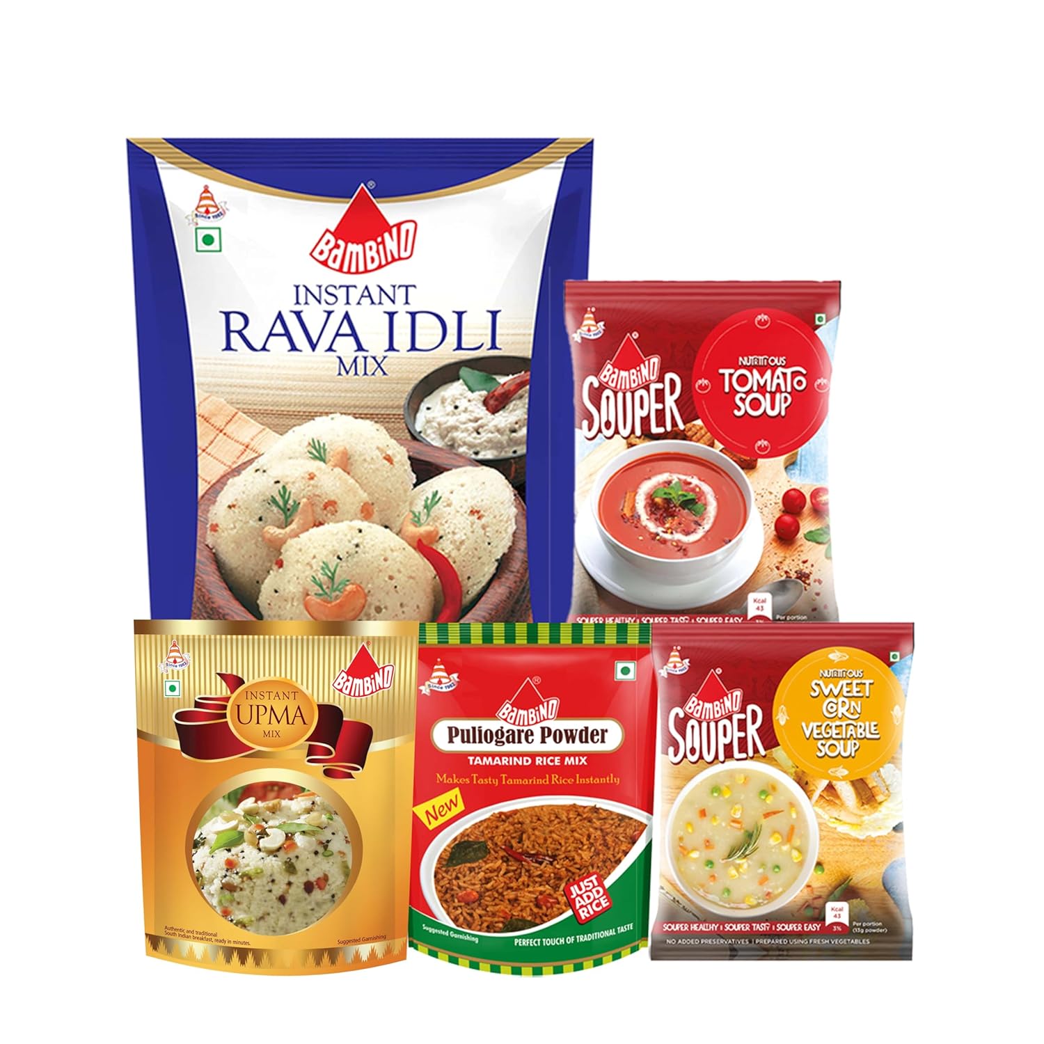 Bambino Assorted Combo Break Fast Mixes of Instant Rava Idli Mix 500 Gms I Upma Mix 180 Gms I Puliogare Mix 100 Gms I Soups 95 Gms